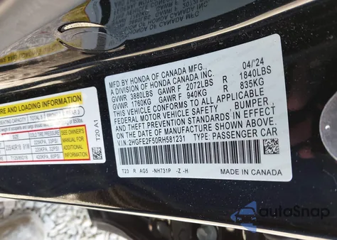 2024 Honda Civic Sport из США, поврежденный, VIN 2HGFE2F50RH581231